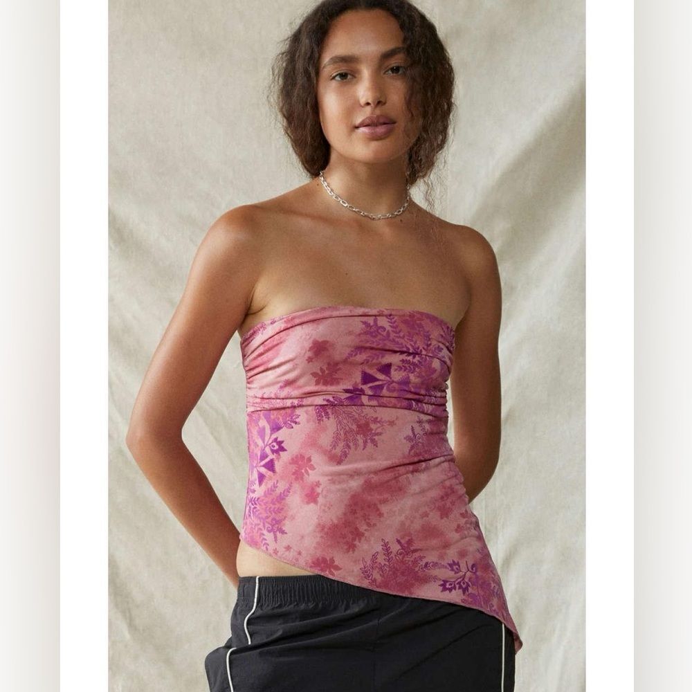 UO urban outfitters strapless y2k fairy asymetrical hem pink & purple sheer top